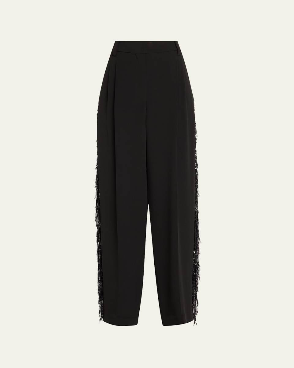 Low-Slung Paillette Waterfall Wide-Leg Tuxedo Pants